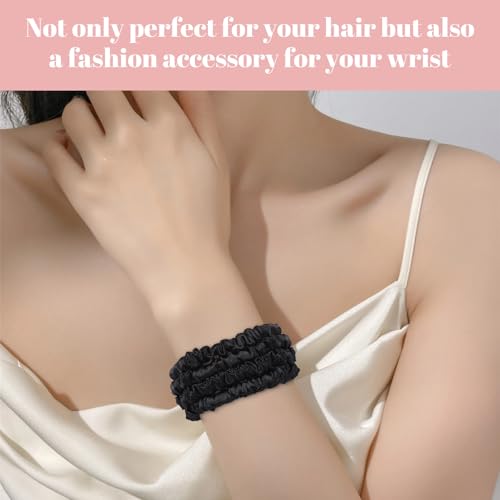 Scrunchies Haargummis Seide Satin Scrunchy, WantGor Damen 4PC Pure Mulberry Silk Skinny Elastische Haargummis Haarbänder Armbänder Pferdeschwanzhalter Haarschmuck (Schwarz*4)