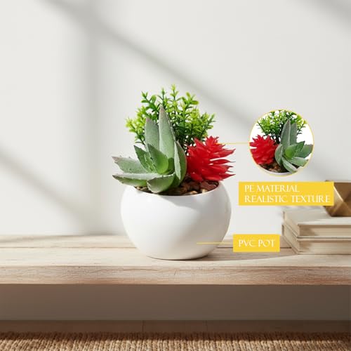Image of KARP Artificial Potted Plants, Mini 13Cm Height Faux Succulent Flowers with White PVC Pots Home Decor, Indoor Artificial Ornamental Plant for Living Room, Office Desk & Bathroom, Decorative