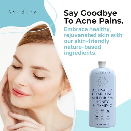 Ayadara Cystic, Hormonal, & Severe Acne Charcoal Face Wash | Travel Cleanser for Teens, Adults, Women, & Men | Exfoliating Sulfur Face Wash | Pimple, Zit, Milia, & Cystic Acne Treatment | 200+ Uses