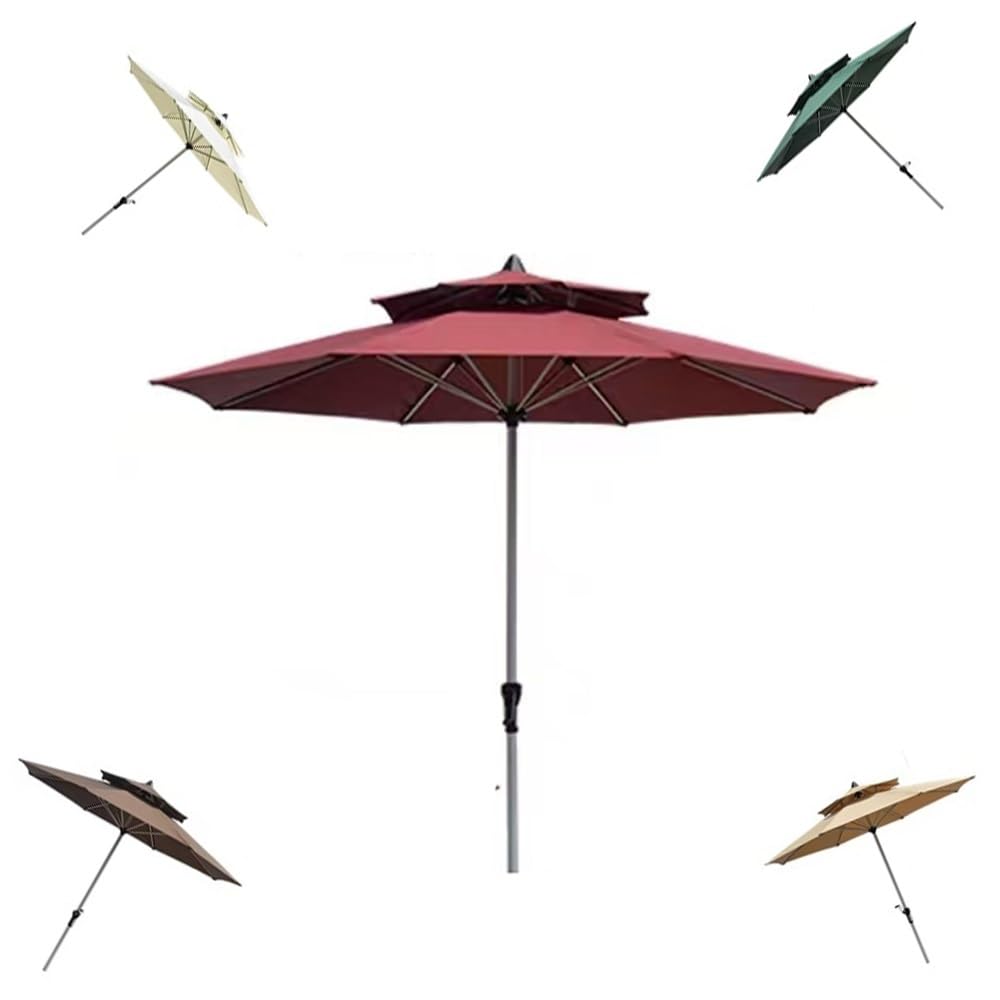 Ombrello Da Patio Doppio Tetto Ombrellone Dritto 270cm Impermeabile | Ombrellone Da Giardino Con Manovella Anti UV Ombrellone Da Esterno 8 Costole Palo In Alluminio