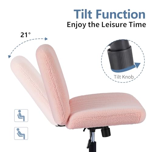 Image of DUMOS Criss Cross Chair No Wheels, Cross Legged Office Desk Armless Vanity Chiar Wide Seat, Height Adjustable Swivel Computer Task Chairs for Home Bedroom, Pink Teddy
