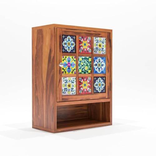 Image of Sheesham Wood Kitchen Cabinet for Home | Wall Mounted Kitchen Rack with Storage | Wooden Kitchen Unit /Organizer with 1 Door & 1 Shelf Storage (Honey Finish)