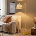 Oneach Arc Floor Lamp for Living Room,Rattan Boho Floor Lamp with Hand-Woven Wicker & Fabric Shade, Foot Switch,Gold Metal Base & Pole,Farmhouse Standing Lamp for Bedroom Corner,Office,Reading