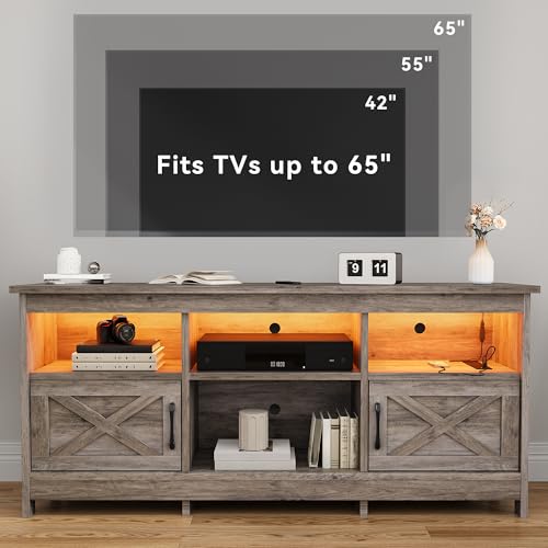 DWVO TV Stand for up to 65 Inch TV, Entertainment Center with Storage, TV Cabinet with Power Outlet & LED Light Strip, Media Console Television Stands for Living Room, Washed Grey