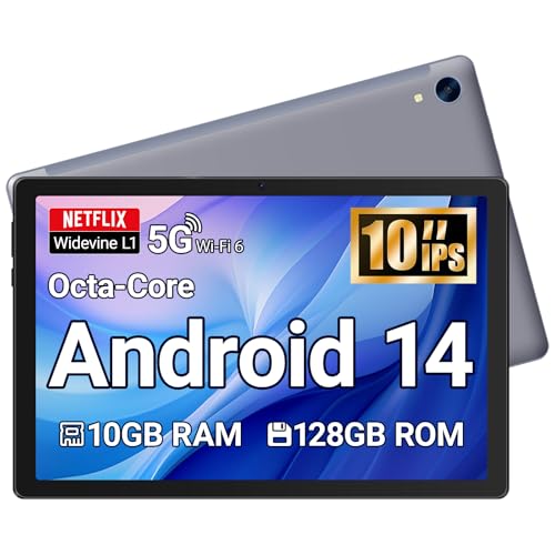 Tablet 10 Zoll Android Tablet Octa Core 10 GB RAM 128 GB ROM 1280 * 800 HD IPS Touchscreen Dual Kamera WiFi 6 BT 5.3 5000 mAh Akku 2025(Grau)