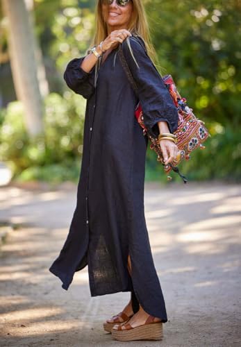 Image of chouyatou Women Summer Long Sleeve Notch Neck Maxi Linen Shirt Dress Loose Button Down Tunic Shift Dress
