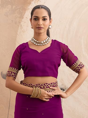 Image of Women's Georgette Embroidery Border Beads work Saree with Blouse Piece