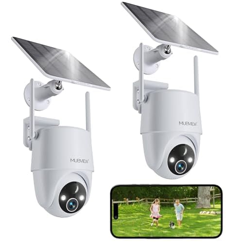 MUBVIEW 2K Solar Security Cameras Wireless Outdoor, 360° PTZ Battery Powered Outdoor Camera, 2.4Ghz WiFi Home Security Camera, Color Night Vision, Motion Detection, 2-Way Audio, 2-Pack