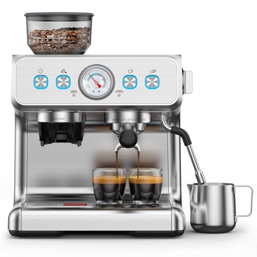 Image of Espresso Machine with Grinder,Expresso Coffee Machines, Professional Coffee Maker for Latte & Cappuccino with Milk Frother, Expresso Machines for Home, Removable Water Tank, Steam Wand-Silver