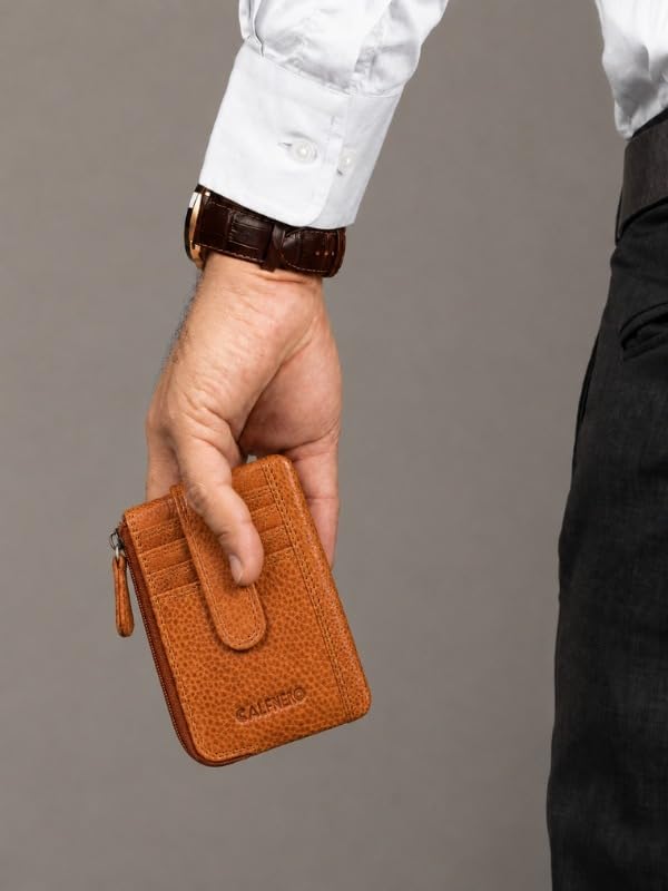 Image of Calfnero Genuine Leather Card Holder & Key Case for Men & Women | Slim Wallet with Zipper Pocket, Card Slots & Key Chain | Compact Travel Organizer (Light Cognac)