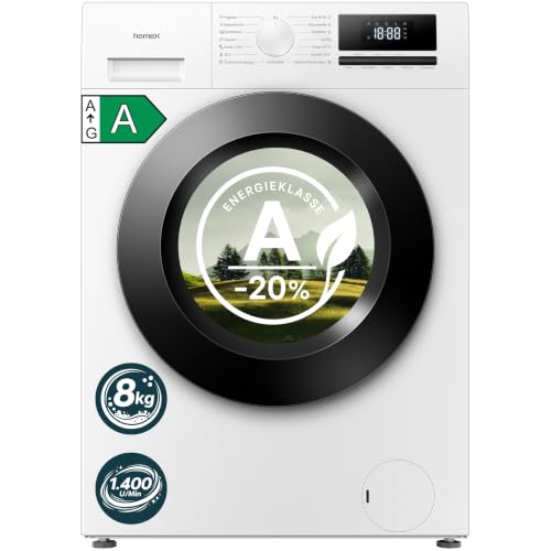 homeX WF814H1A-W Waschmaschine 8kg, Frontlader - 1.400 U/Min, Energieklasse A -20%, Dampffunktion, AquaStop, Inverter Motor, 15 Programme, leise 74 dB, Temperatur bis zu 90°C, Washing Machine, weiß