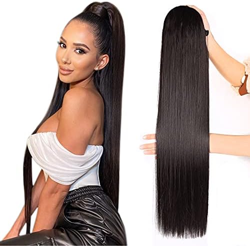 Fashion Icon Ponytail Extensions Straight Drawstring Ponytail Extension For Black Women 30Inch Extra Long Straight Clip in Hair Extensions Ponytail Synthetic Hairpiece (#2, Dark Brown 6.7OZ)