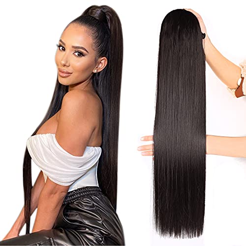 Fashion Icon Ponytail Extensions Straight Drawstring Ponytail Extension For Black Women 30Inch Extra Long Straight Clip in Hair Extensions Ponytail Synthetic Hairpiece (#2, Dark Brown 6.7OZ)