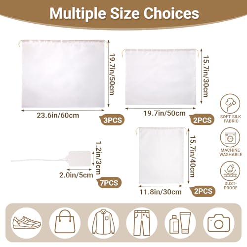 Ewen 7Pcs Dust Bags for Handbags, Satin Travel Dust Cover Bag, 2Pack 11.8x15.7in DustBag for Shoes, 2Pcs 19.6x15.7in Storage, Pack of 3 23.6x19.6in Bag for Purse, White Silk Cloth Bags with Drawstring2