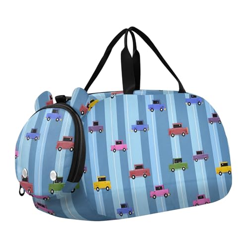 Duffle Bag for Boys or Girls with Shoes Compartment, Striped Background Car Sports Travel Bag Overnight