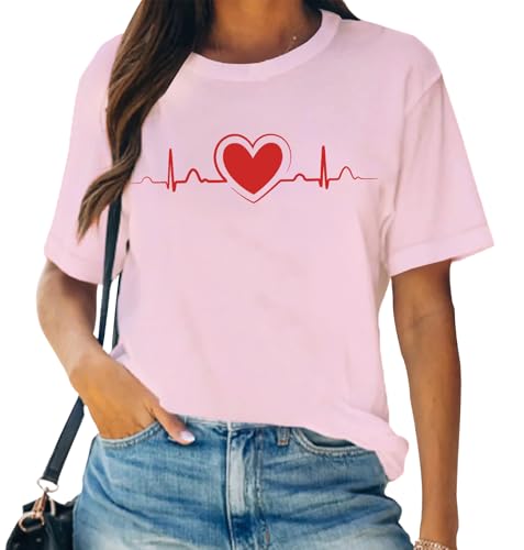 Cutesong Womens Valentines Day T-Shirt Romantic Love Heart Beat T-Shirt Valentine Tee Tops Pink