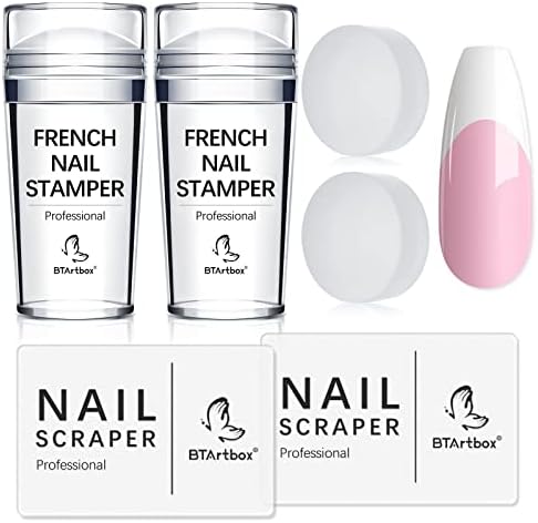 BTArtbox Nail Stamper - 2 Set Nail Art Stamper Kit with French Tip Nail Stamp, Nail Scrapers and Stamper Heads Replacement for Poly Gel Nail Kit, Gel Nail Polish