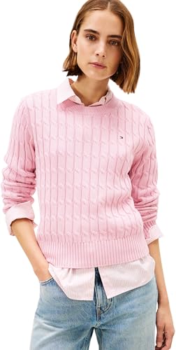 Tommy Hilfiger Donna Pullover Cable in Cotone, Rosa (Bonita Pink), XL