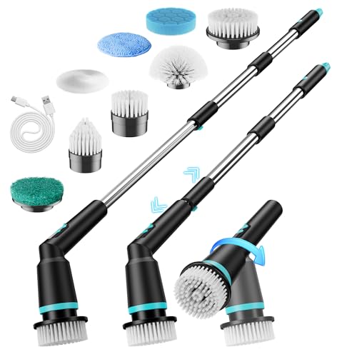 Electric Spin Scrubber Cordless with Remote Button, 8 Brush Heads, IPX7 Waterproof, 3 Speeds, Adjustable Handle (11-51”), Bathroom, Tile, Kitchen, Car & Floor Cleaning Tool (Black)