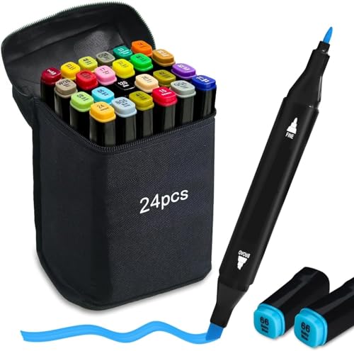 Wynhard Alcohol Markers Sketch Pen Set Dual Tip Brush Pens Art Markers for Drawing 24 Color Dual Tip Chisel & Fine Colour Marker Set Sketch Marker Alcohol Based Markers Drawing Marker for Adults Kids