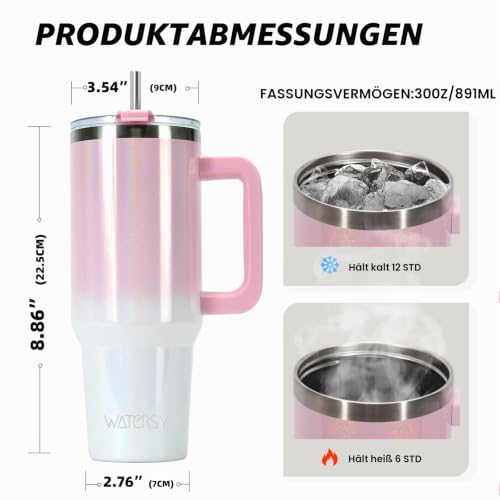 WATERSY Doppelwandiger 30oz Kaffeebecher to Go Thermobecher Edelstahl Vakuum Auslaufsicher Trinkbecher mit Griff und Strohhalm Thermoskanne… – Ansicht 2