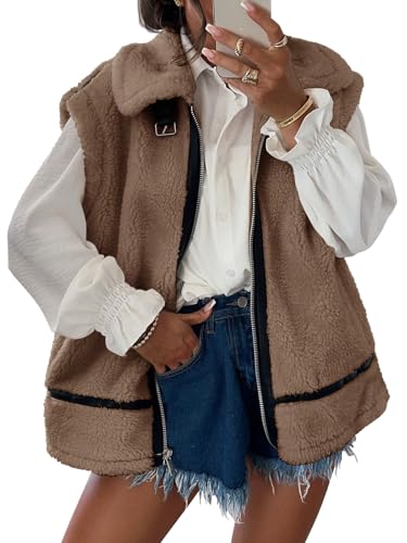 Tankaneo Womens Fuzzy Fleece Vest Sleeveless Zip Up Sherpa Jacket Fall Loose Fit Warm Outerwear with Pockets