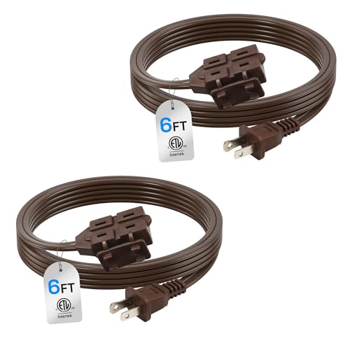 BN-LINK 6ft Indoor Extension Cord 2 Pack 3-Outlet Polarized Flat Cable Household Power Cord for Home Office and Holiday Decorations Brown