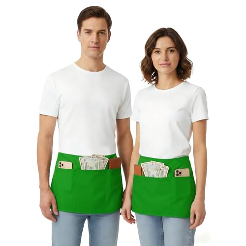 Image of BOHARERS Waist Apron with 3 Pockets 3 Pack - Green Waitress Server Short Apron