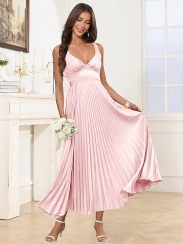 Pleated Satin Bridesmaid Dresses Long V-Neck A Line Silk Backless Formal Dresses for Women4
