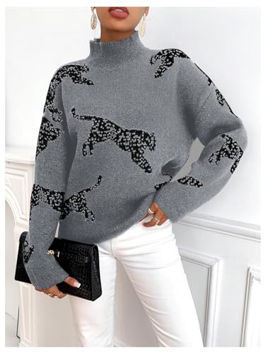 Image of WDIRARA Women's Leopard Tiger Print Sweater High Neck Long Sleeve Fuzzy Knitted Pullover Top