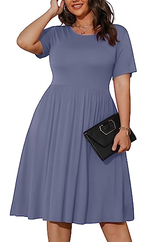 Image of POSESHE Womens Plus Size Summer Dress 2026 Casual Short Sleeve Empire Waist Loose Fit Swing T-Shirt Dress with Pockets