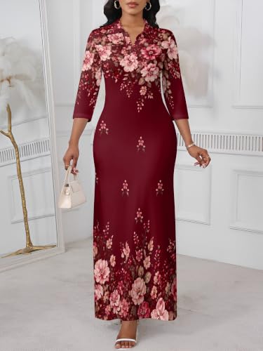 Image of PinkPatty Women's Casual 3 /4 Sleeve Polo V Neck Bodycon Maxi Dress