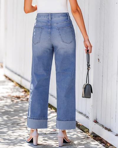 GRAPENT Wide Leg Jeans for Women Trendy High Waisted Cuffed Hem Stretchy Denim Trousers Pants Work Casual Jeans2