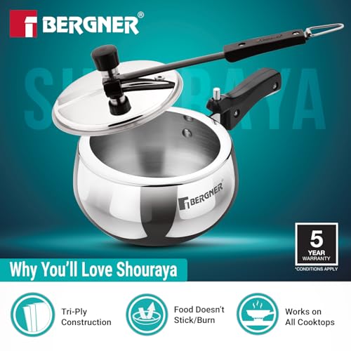 Image of Bergner Shouraya Triply Stainless Steel 1.5 Litres Inner Lid Pressure Cooker, Belly Shape, Faster and Even Heat Distribution, Healthy Cooking, ISI-Certified - Induction and Gas Stove Ready