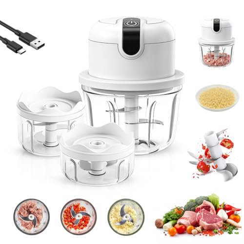 Mini picadora eléctrica de cebolla, 100 + 200 + 350 ml, robot de cocina inalámbrico pequeño, picadora de cebolla, picadora eléctrica para carne, cebollas, frutas, verduras