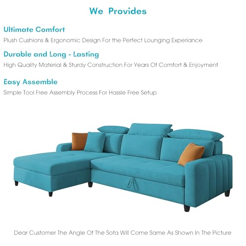 Image of Casaliving Gagnon LHS 4 Seater L Shape Corner Sofa Cum Bed for Living Room (Turquise Fabric) Premium Fabric Sofa