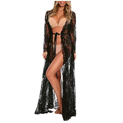 Forthery-Women Sexy Lace Thin Mesh Long Sleeve Tie Front Swimsuit Swim Beach Maxi Cover Up Dress(Black,Free Size)