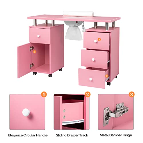 OmySalon Manicure Table Nail Desk for Nail Tech, Nail Table Station w/Electric Dust Collector, Nail Makeup Beauty Salon Storage Acetone Resistant w/Lockable Wheels,Wrist Cushion,4 Drawers&Cabinet