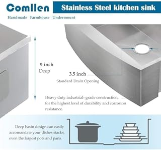 Comllen Commercial 33 Inch 304 Stainless Steel Farmhouse Sink, Single Bowl Kitchen Sinks 16 Gauge 9 Inch Deep Handmade Undermount Farm Apron Front Kitchen Sink