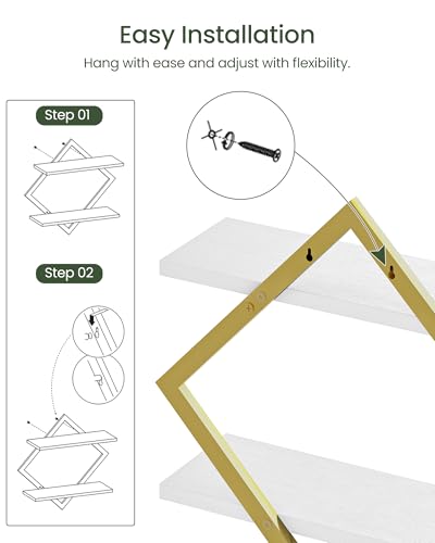 Image of CHOEZON Floating Shelves for Wall, Set of 2 Wall Mounted Shelves, 2-Tier Hanging Shelves, for Living Room, Bedroom, Kitchen, Office, Study, Gold and White TBJ01P2JW