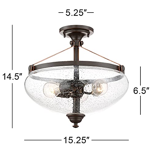 Franklin Iron Works Hartfield Rustic Farmhouse Ceiling Light Semi Flush Mount Fixture Oil Rubbed Bronze 15 1/4" Wide 3-Light Clear Seedy Glass For Bedroom Kitchen Living Room Hallway Bathroom #TOP3