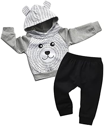 Toddler Baby Boys Cartoon Little Bear Long Sleeve Hoodie Tops Black Pants Outfit Clothes Set (12-18 Months)