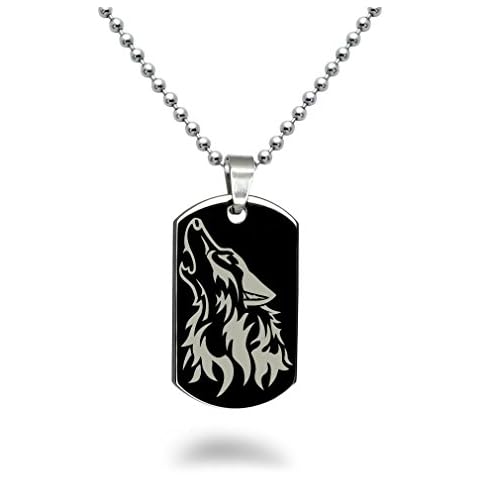 Kriskate & Co. Wolf Necklace, Personalized Engrave Stainless Steel Wolf Dog Tag Necklace, Black Dog Tag Necklace 24 inches, Gift For DAD, SSN518 (No Back Engraving) Cover