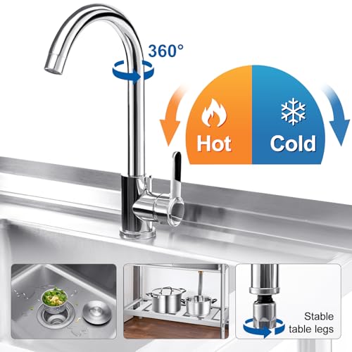 YORKING Utility Sink, Free Standing Single Bowl Kitchen Sink Stainless Steel Sink with Drawer Storage & Cold and Hot Water Pipe for Indoor and Outdoor Sink (39 inch)