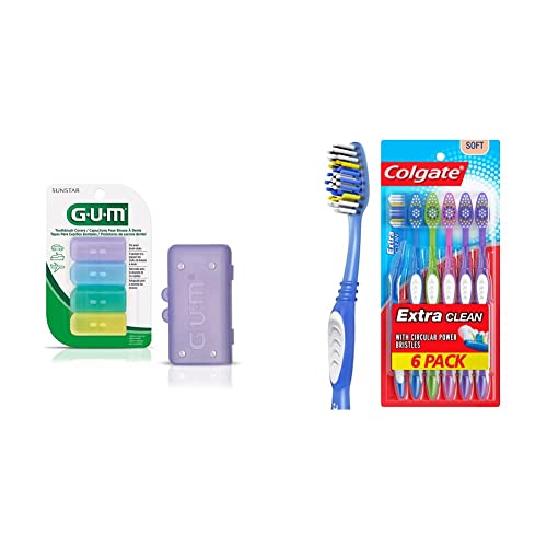 GUM-152RF Toothbrush Covers for Travel,Home,or Camping,4 Covers & Colgate Extra Clean Toothbrush,Full Head,SoftÃ 6 Count (Pack of 1)