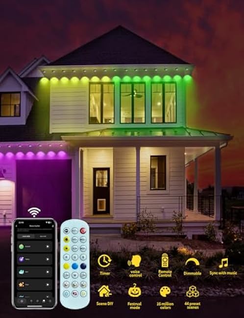 Permanent Outdoor Lights,120ft 80LEDs Permanent Outdoor Lighting,RGB+IC Smart Eaves Lights IP67 Waterproof for Halloween,Christmas,Holiday,Party,Compatible with Alexa,Google