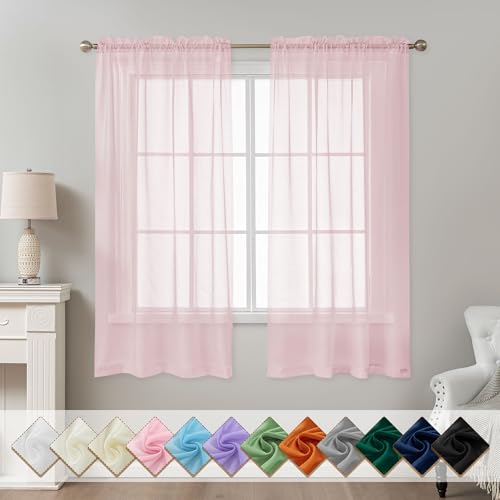 Image of Pink Sheer Curtains 63 Inch Length, Privacy Semi Sheer Curtains for Living Room Bedroom, Light Filtering Rod Pocket Voile Window Drapes 2 Panels Set, Each 42 inch W x 63 inch L