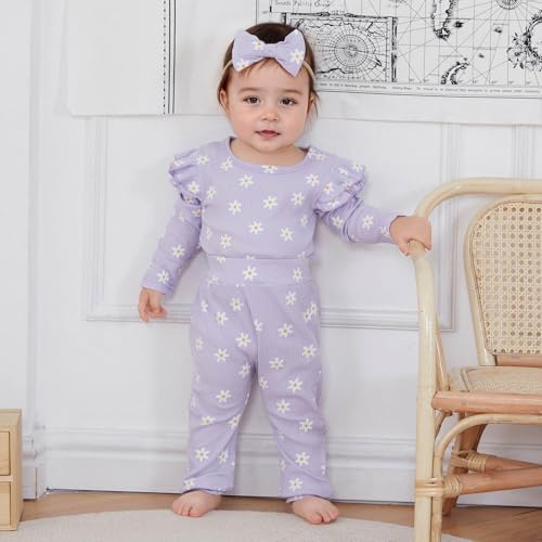 Newborn Baby Girl Outfits Flower Ribbed Ruffle Long Sleeve Romper and Pant set 3pc Infant Girl Fall Winter Clothes4