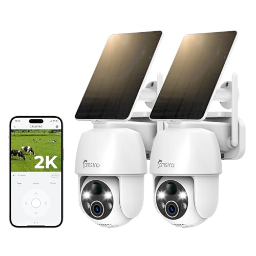CAMSTRO Lot de 2 caméras de surveillance solaires d'extérieur sans fil, alimentées par piles pour la sécurité à domicile, panoramique et inclinable à 360°, vision nocturne en couleur 2K, audio bidirectionnel, IP66, assistant Alexa/Google, 2,4 GHz uniquement