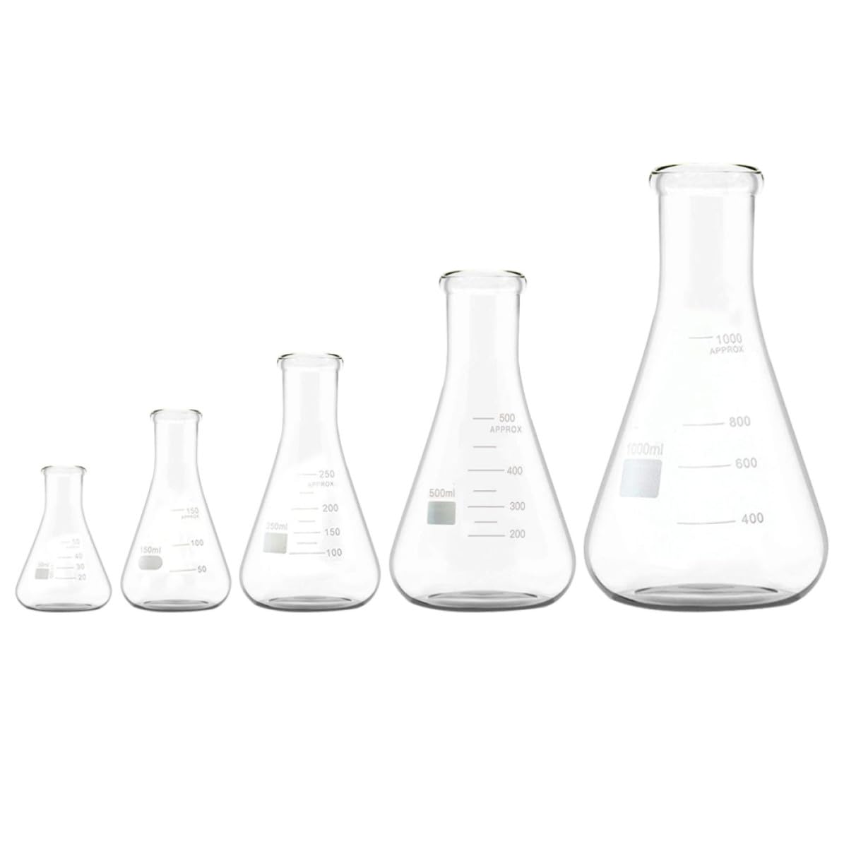 Beuta Collo Largo Conica 5 Pezzi in Vetro Borosilicato | Fondo Piatto, Graduazioni Standard, Area Marcatura Ampia, Parete Uniforme, per Laboratorio e Scienze della Vita